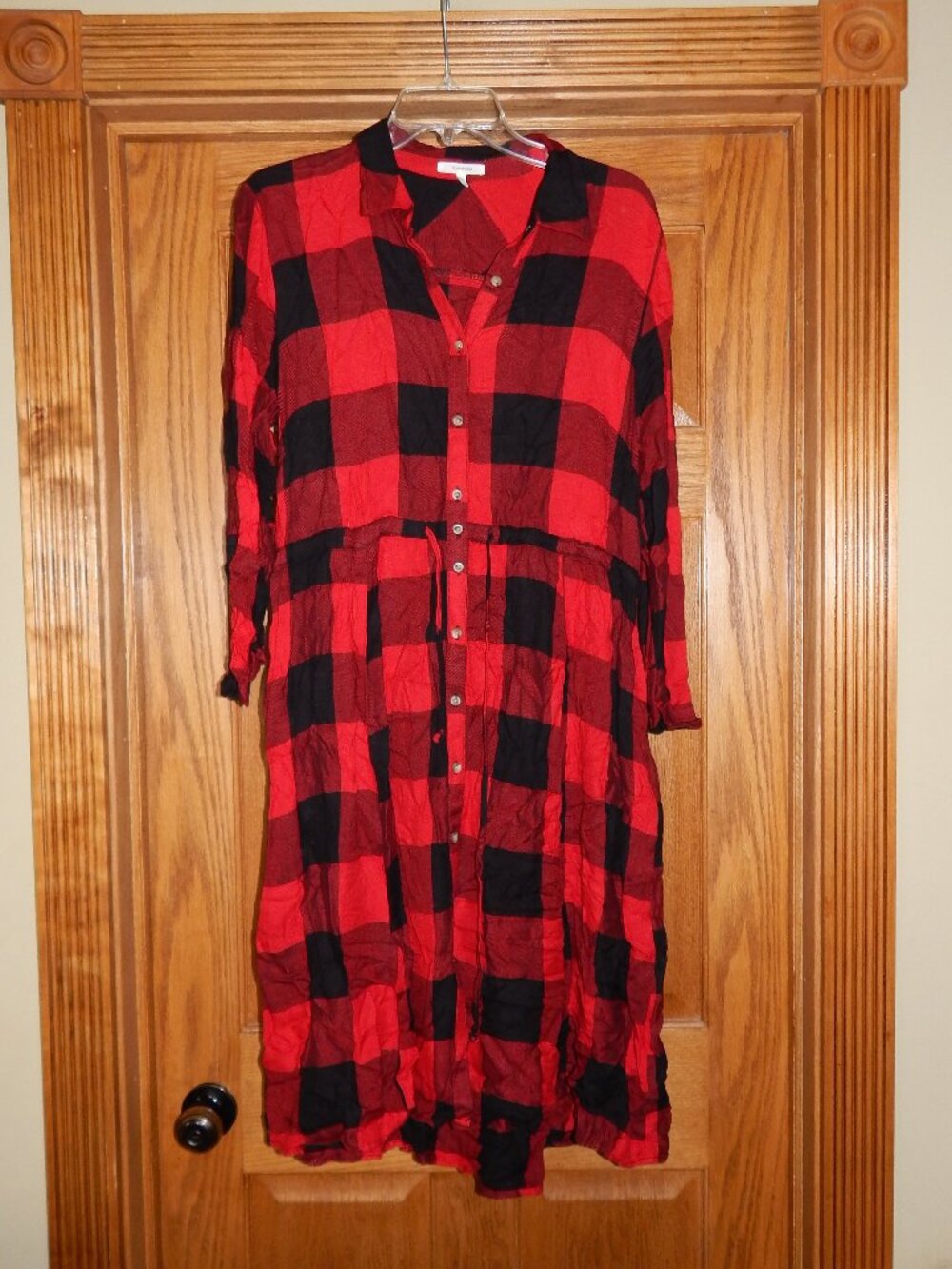 Women's Size Medium M Maurices Buffalo Plaid Button Front Drawstring Waist Dress